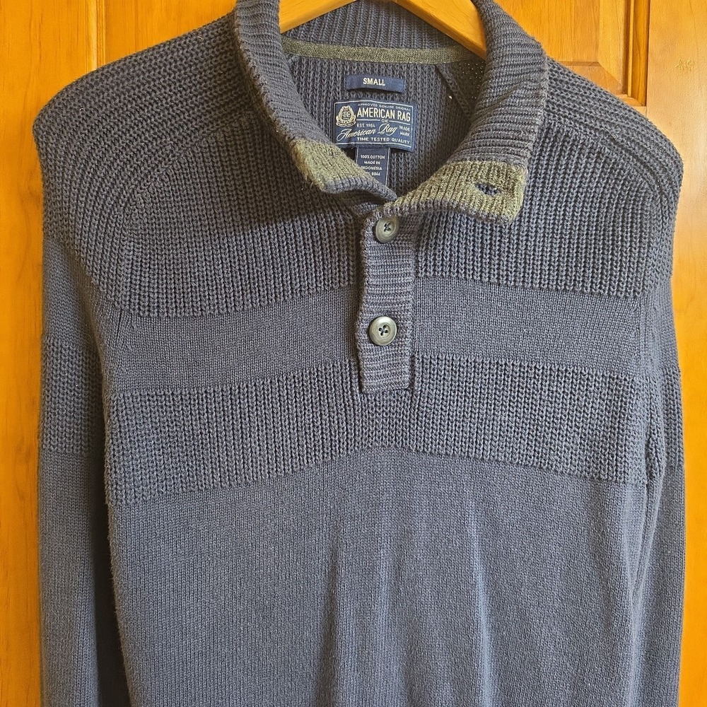 American Rag Small Sweater Mens Blue Mock Neck Button Textured Cotton Knit